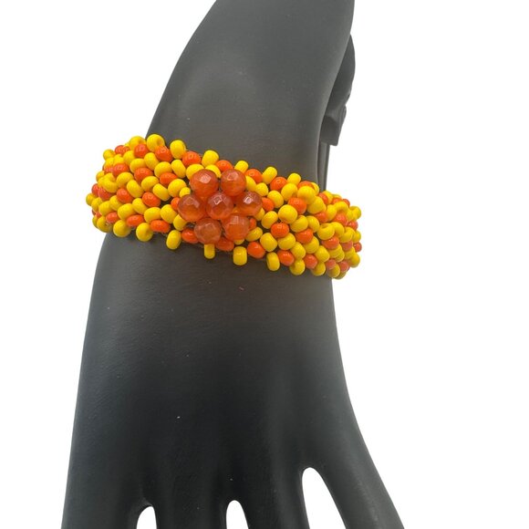Multicolor Handmade Beaded Bracelet Stretch Elastic Yellow Orange Floral Design - Picture 3 of 5